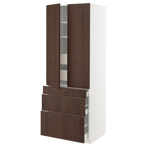 Dark brown oak-veneer drawers and doors with white cabinet, modern kitchen storage unit.