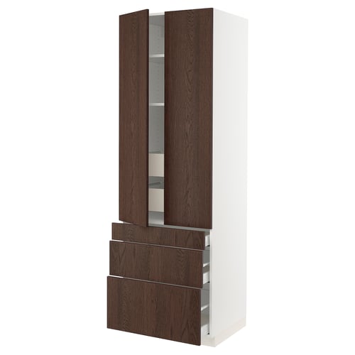 This image shows a white SEKTION kitchen cabinet with dark brown sinarp wood front panels and adjustable shelves.