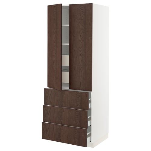 SEKTION kitchen unit - tall, white cabinet with dark brown wooden drawers and doors, sleek modern design.