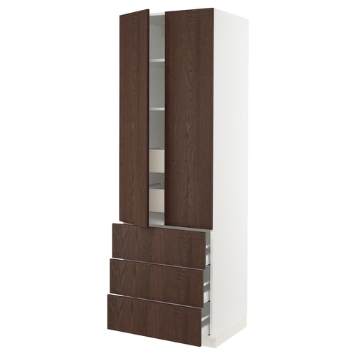 SEKTION kitchen unit: white frame & dark brown wood doors, 3 drawers, vertical.