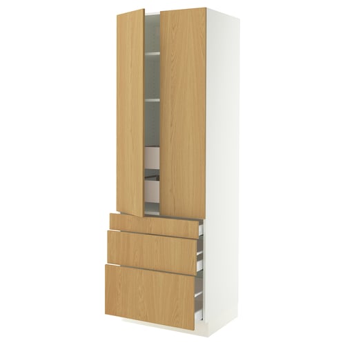 SEKTION light wood cabinet, tall with shelves and drawers, minimalist design.