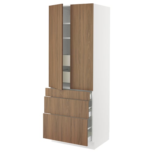Modern brown kitchen cabinet with 3 drawers and 2 open shelves on white frame.