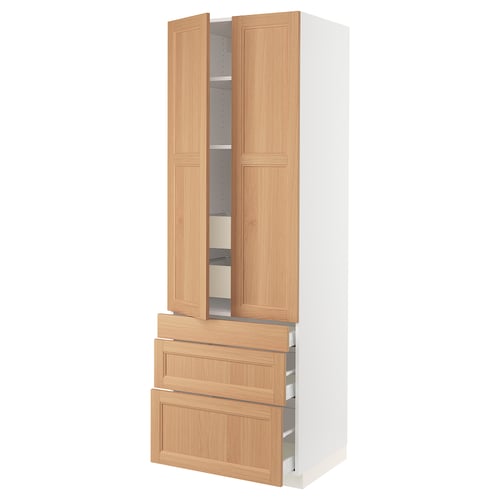 An ikea SEKTION kitchen cabinet in white and oak. It two open doors and three drawers with a light wood finish.