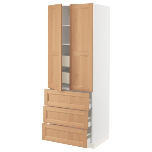 An ikea SEKTION kitchen cabinet in white with oak doors and drawers. It adjustable shelves and drawers with built-in dampers.