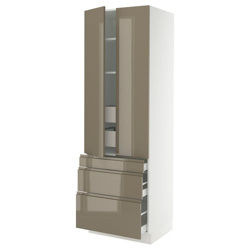 A SEKTION kitchen cabinet with voxtorp high-gloss dark grey-brown doors and drawers, featuring integrated handles and an elegant design.