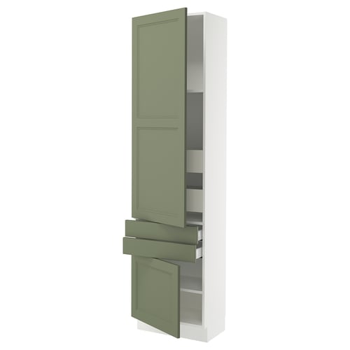 Green kitchen cabinet with doors & drawers, tall & narrow, modern style.