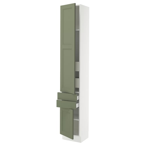 A SEKTION kitchen cabinet with grey-green axstad doors. It shelves and drawers.