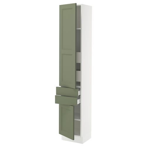 A tall white kitchen cabinet with green doors and drawers. The cabinet has an organised interior with shelves and drawers, and a sleek, modern design.