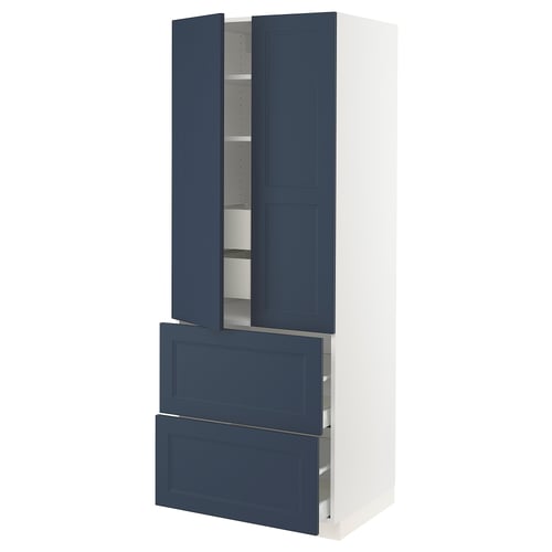 A blue SEKTION kitchen cabinet with two open doors, a drawer, and inner shelves. The cabinet is tall and rectangular with a simple, modern design.