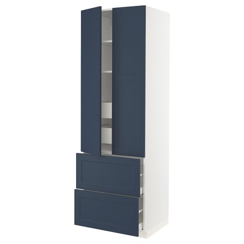 An ikea SEKTION kitchen cabinet in blue with adjustable shelves and soft-close drawers.