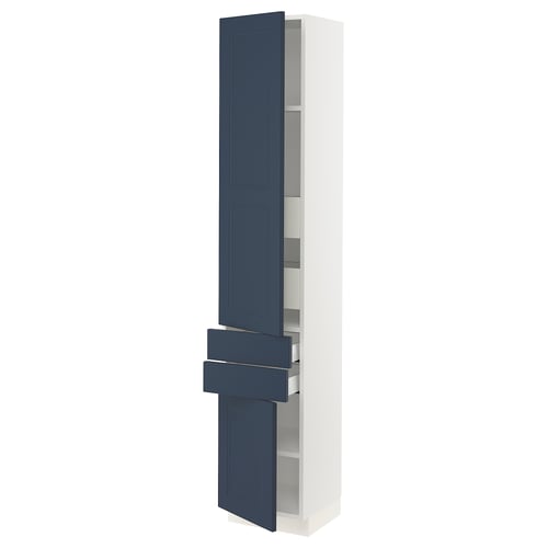 Blue & white kitchen cabinet with drawers and shelves, modern design.