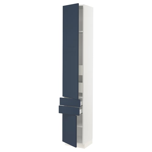 SEKTION kitchen cabinet: tall, white with blue drawers/doors, blue handles.