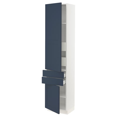 Modern kitchen cabinet, white with blue doors, two drawers, and shelves.