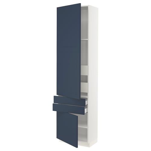 A tall, white kitchen cabinet with blue doors and drawers. It a modern design with adjustable shelves and a sleek finish.