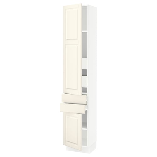 SEKTION kitchen unit. White with off-white doors, rectangular shape, traditional design. Adjustable shelves and soft-close drawers.