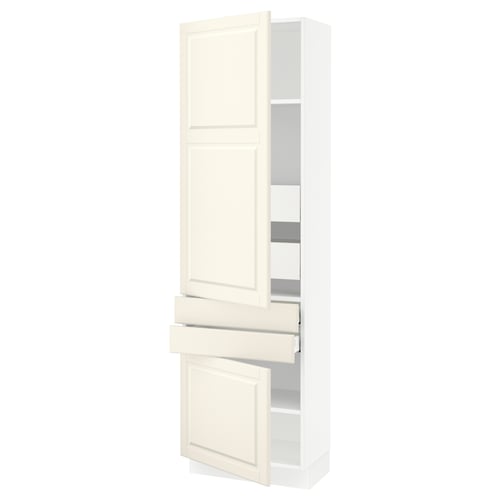 White SEKTION kitchen cabinet with off-white doors, drawers, and adjustable shelves.