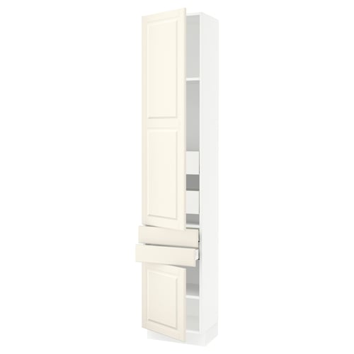 IKEA SEKTION off-white cabinet with wooden doors and drawers, featuring bevelled edges and adjustable shelves.
