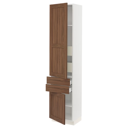 Modern white cabinet with walnut doors and drawers, adjustable shelves.