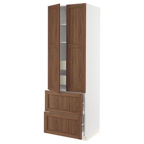 Wooden kitchen cabinet, light brown. Tall unit with open doors, shelves inside, white sides.