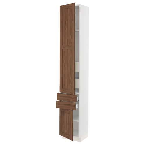 SEKTION kitchen cabinet, white with walnut drawers and door.