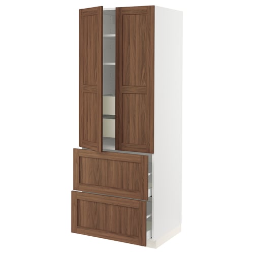 SEKTION kitchen cabinet, walnut finish, adjustable shelves, soft-closing drawers, and doors.