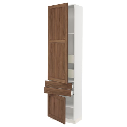 SEKTION kitchen unit with walnut doors, white base, open doors showcasing shelves and drawers.