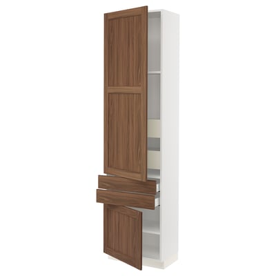 SEKTION kitchen unit with walnut doors, white base, open doors showcasing shelves and drawers.