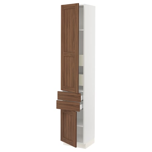 A tall white cabinet with walnut-colored drawers and doors, featuring an adjustable shelf inside.