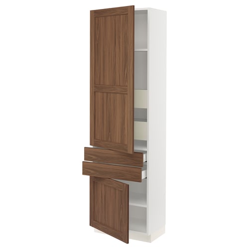 A tall white SEKTION kitchen cabinet with wood-grained doors and drawers, some open to reveal shelves and drawers.