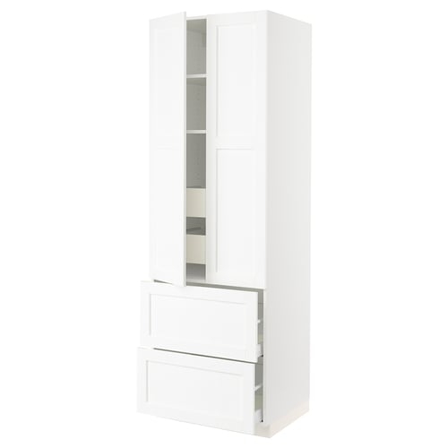 SEKTION tall white kitchen cabinet with drawers and shelves.