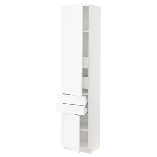 Ikea SEKTION white kitchen cabinet with drawers and shelves.