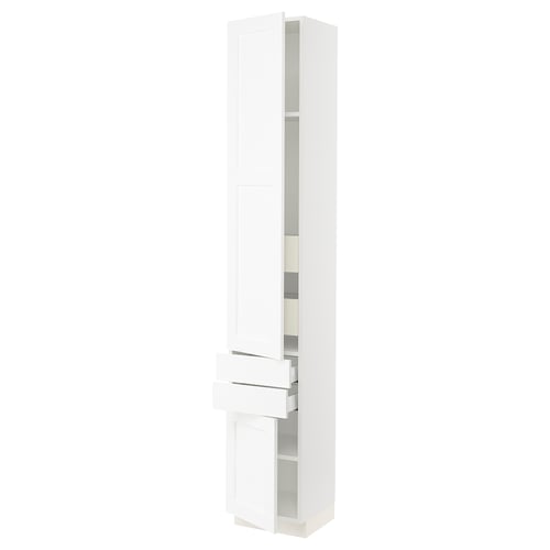 A white SEKTION tall kitchen cabinet with a sleek, modern design. It multiple storage sections including shelves and drawers.