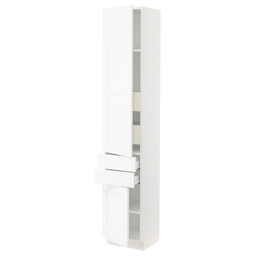 White SEKTION kitchen cabinet with pullout shelves and drawers.