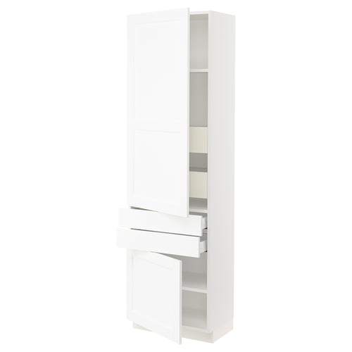 White kitchen cabinet with adjustable shelves and drawers, sleek and modern design.