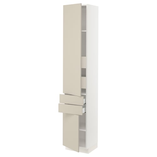 SEKTION tall beige kitchen cabinet with drawers and shelves.