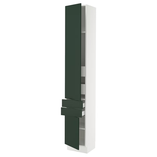 Modern tall white cabinet with green drawers and door, adjustable shelves, and soft-close drawer system.