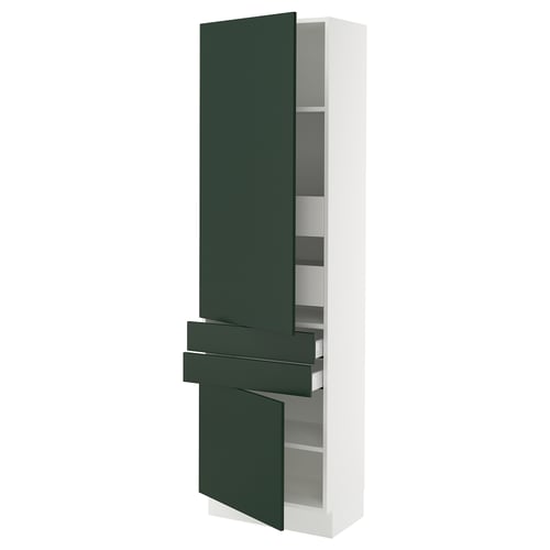 A modern, tall, white kitchen cabinet with dark green doors and shelves. It adjustable shelves and a sleek, contemporary design.