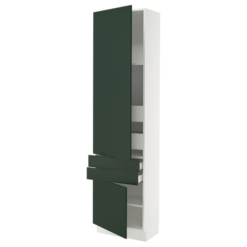 A tall white cabinet with dark green doors, offering ample storage. It adjustable shelves and a modern design.
