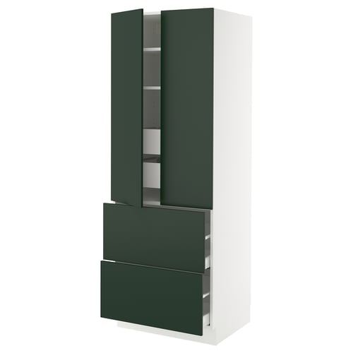 Modern green kitchen cabinet with two drawers and adjustable shelves. Wide, tall, white body with deep green drawers and door.