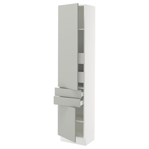 This image a tall white SEKTION cabinet with stainless steel handles and a mirrored door.