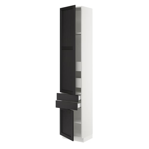 Displays a white SEKTION kitchen cabinet with black stained lerhyttan doors. It adjustable shelves and a drawer with steel runners.