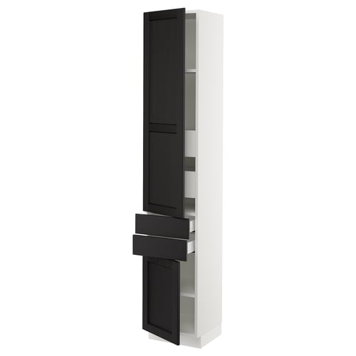 SEKTION: tall white cabinet with dark wood accents, mirror, storage, and drawers. Modern, functional, with a snap-on hinge for easy cleaning.