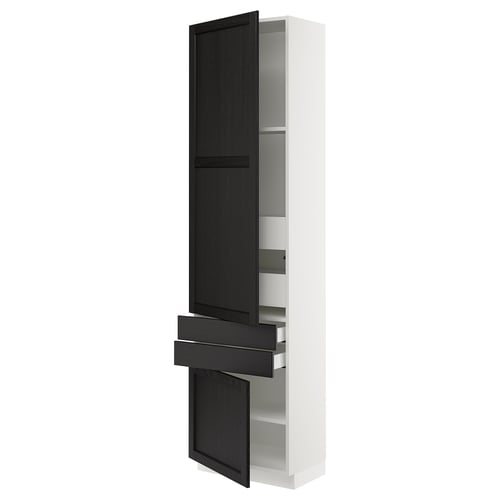 A SEKTION kitchen cabinet. Its tall and white with dark-stained wood accents. It has adjustable shelves and drawers.