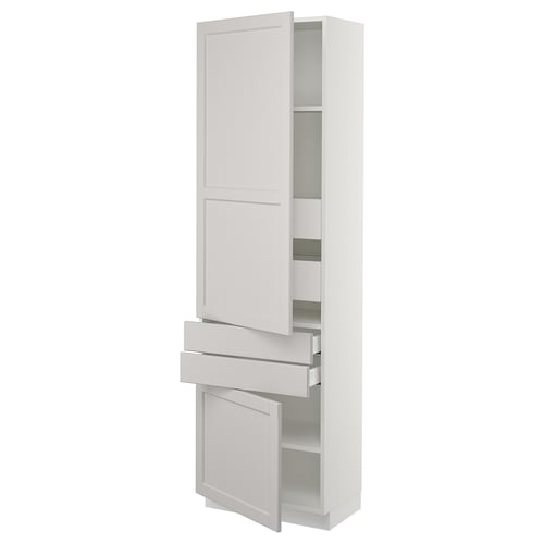 White SEKTION kitchen cabinet with grey fronts, doors, and drawers for ample storage.