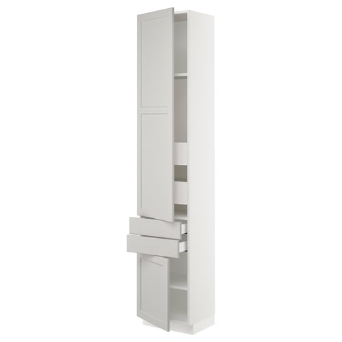 White SEKTION kitchen cabinet with shelves and drawers.