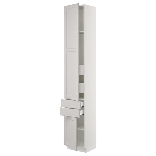 White SEKTION kitchen cabinet in light grey with doors and drawers, slim and tall.