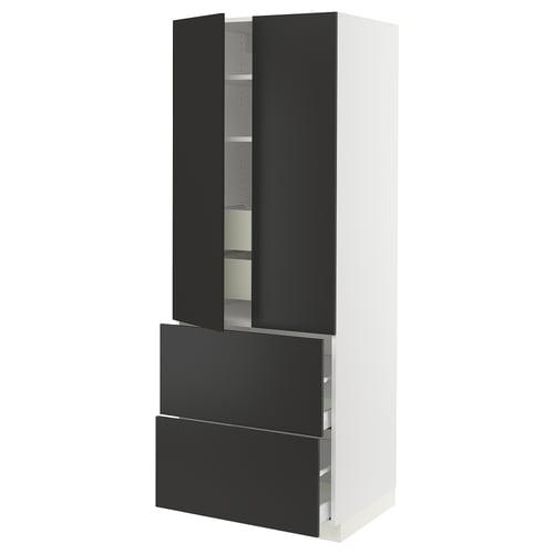 Black and white modular kitchen cabinet with adjustable shelves and soft-close drawers.