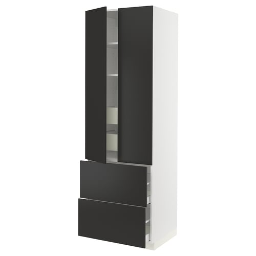 Ikea SEKTION kitchen cabinet, black, tall, modern, with adjustable shelves, soft-close drawers.