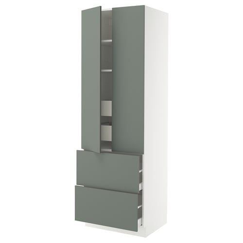 Modern tall greenish-grey kitchen cabinet with two drawers and shelves, sleek handle-less design.
