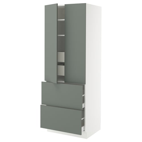 Gray-green ikea SEKTION cabinet with adjustable shelves and drawers.